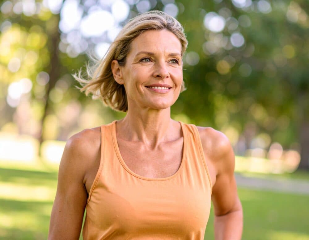 Firefly close up caucasian woman in her forties in a park wearing orange top looking away 231568