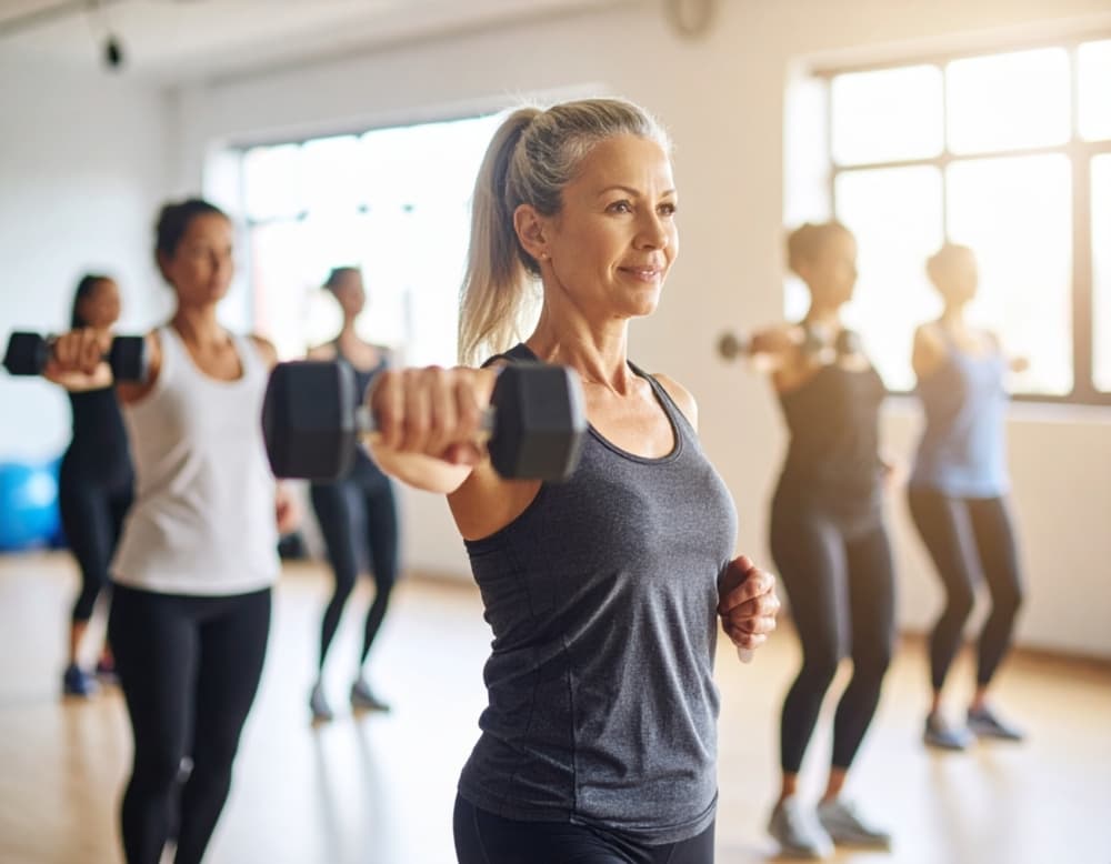 Firefly woman with a ponytail in her forties exercising during a bounce and barbells class wi 439162